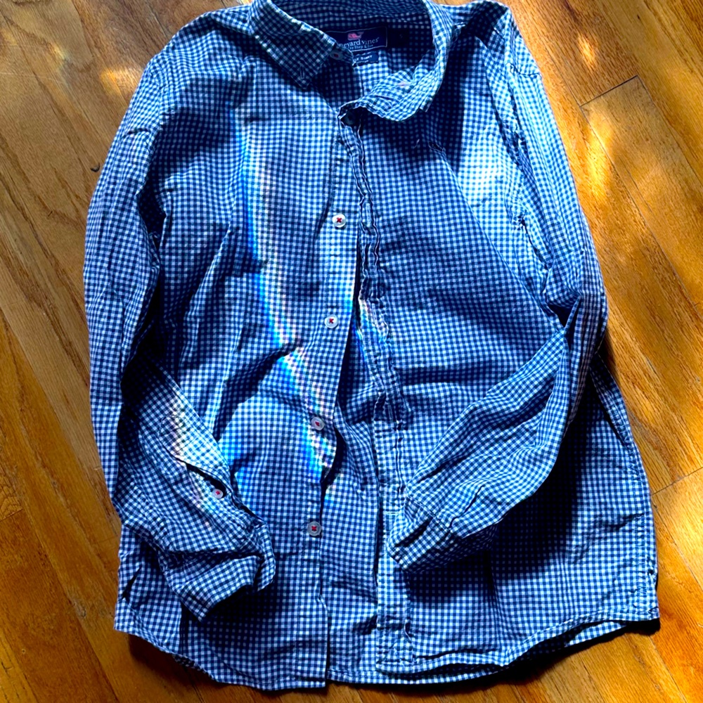 Boys Vineyard Vines Whale Shirt - Sz S - Navy blue and white gingham - EUC